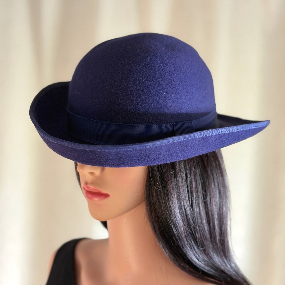 Navy Blue 100% Wool Felt Bowler Hat Rounded Crown Grosgrain Trim Retro Mod Twee